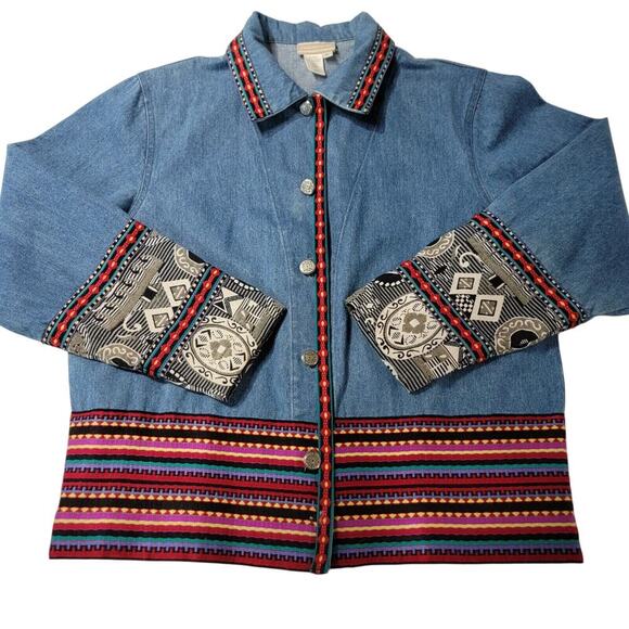 Vtg Coldwater Creek Boho Denim Jacket Womens Large Aztec Embroidered USA - Picture 1 of 13